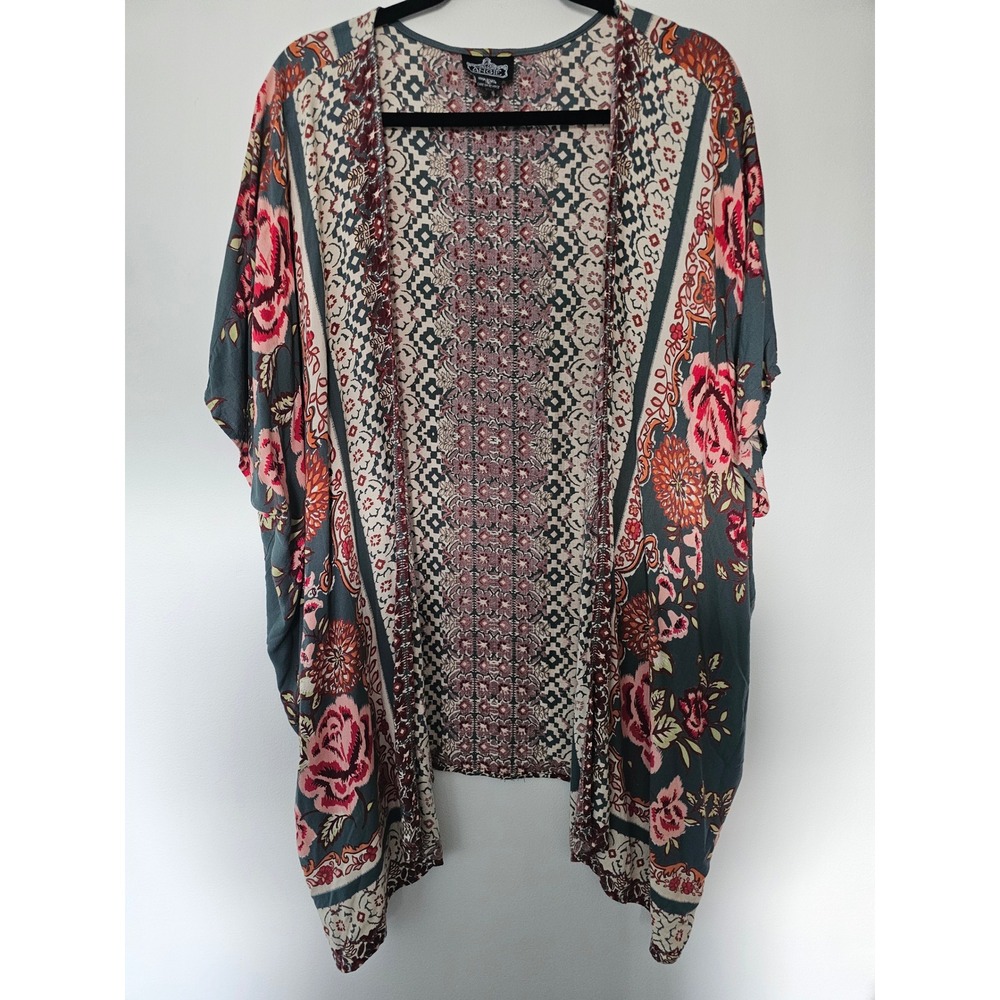 [Boho Festival] Angie Kimono Cardigan Women Small Teal Floral Geometric Rayon